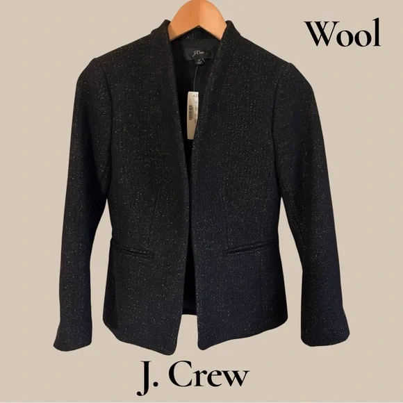 J. Crew Black Sparkle Wool Open-Front Blazer. Pockets/Lined. Size 0. New w/tags!